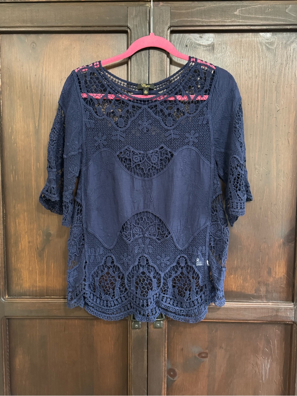 Cupio Crochet Lace Navy Blue Blouse size Medium Cottagecore